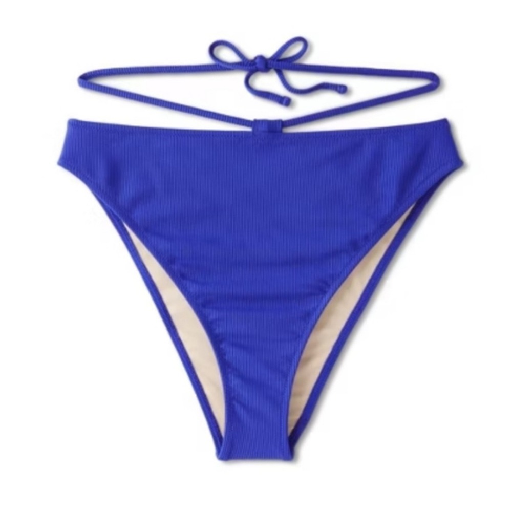 Shade & Shore Blue Ribbed High Waist‎ Extra Cheeky Bikini Bottom S 4-6